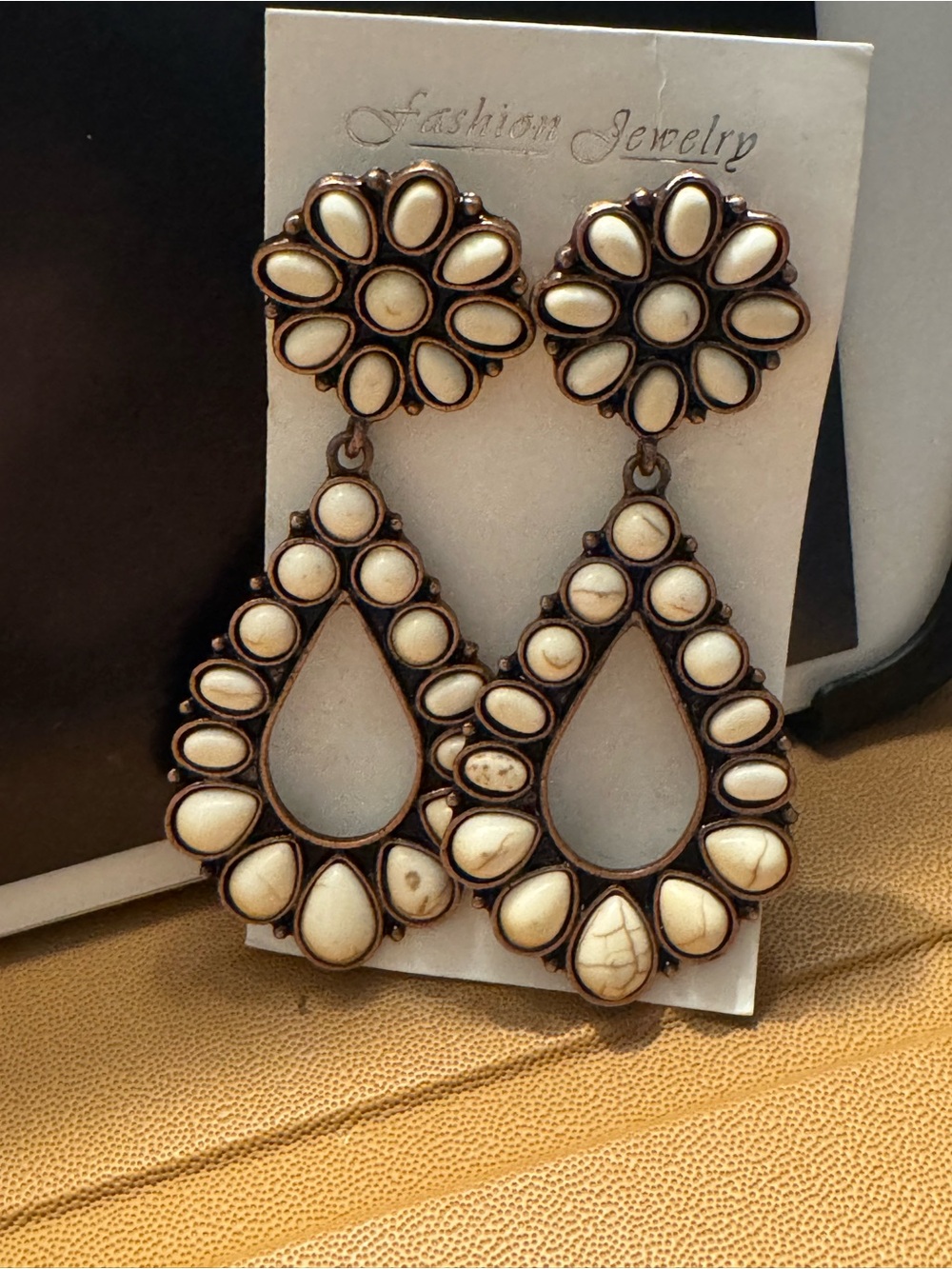 Boho Western White Howlite Stone Squash Blossom Drop Earrings - Picture 6 of 8
